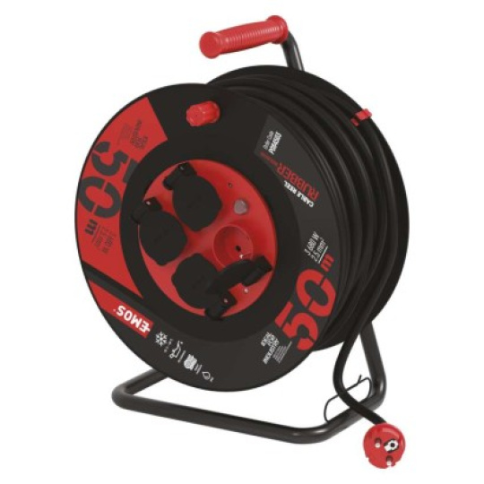 Venkovní prodlužovací kabel na bubnu 50 m / 4 zás. / černý / guma-neopren / 230V / 2,5 mm2