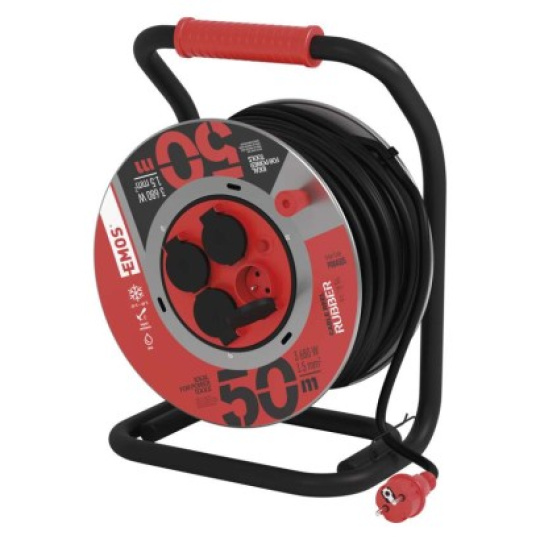Venkovní prodlužovací kabel na bubnu 50 m / 4 zásuvky / černý / guma / 230 V / 1,5 mm2