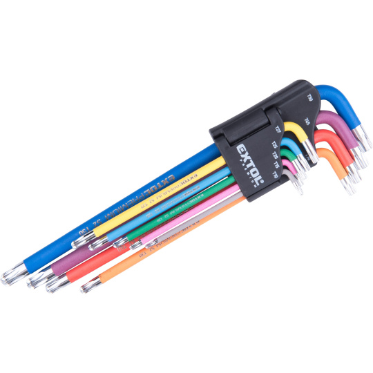 L-klíče TORX prodloužené barevné, sada 9ks, s kuličkou, T10-50, S2, FORTUM