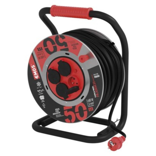 Venkovní prodlužovací kabel na bubnu 50 m / 4 zás. / černý / guma-neopren / 230V / 1,5 mm2