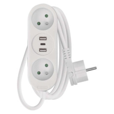 Prodlužovací kabel 2 m / 2 zásuvky+2×USB A+1×USB C / bílý / PVC / 1 mm2 Prodlužovací kabel 2 m / 2 zásuvky+2×USB A+1×USB C / bílý / PVC / 1 mm2