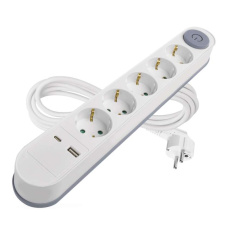 Prodlužovací kabel 3 m / 5 zásuvky / s vypínačem / bílý / 1× USB-A + 1× USB-C / 1,5 mm2 Prodlužovací kabel 3 m / 5 zásuvky / s vypínačem / bílý / 1× USB-A + 1× USB-C / 1,5 mm2
