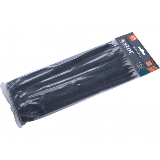 pásky stahovací na kabely černé, 250x4,8mm, 100ks, nylon PA66