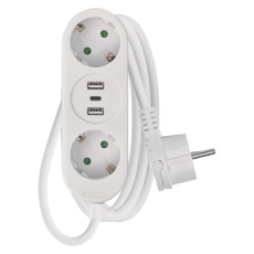 Prodlužovací kabel 1,4 m / 2 zásuvky+2×USB-A+1×USB-C / bílý / PVC / 1,5 mm2 Prodlužovací kabel 1,4 m / 2 zásuvky+2×USB-A+1×USB-C / bílý / PVC / 1,5 mm2